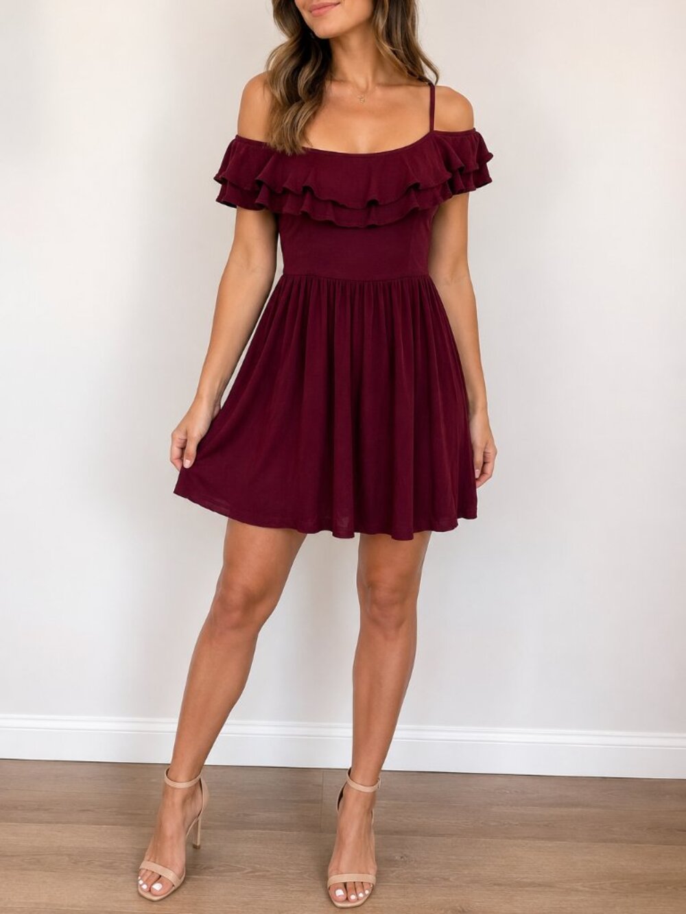 Good Luck Gem Burgundy Off Shoulder Ruffle Mini Dress Size S